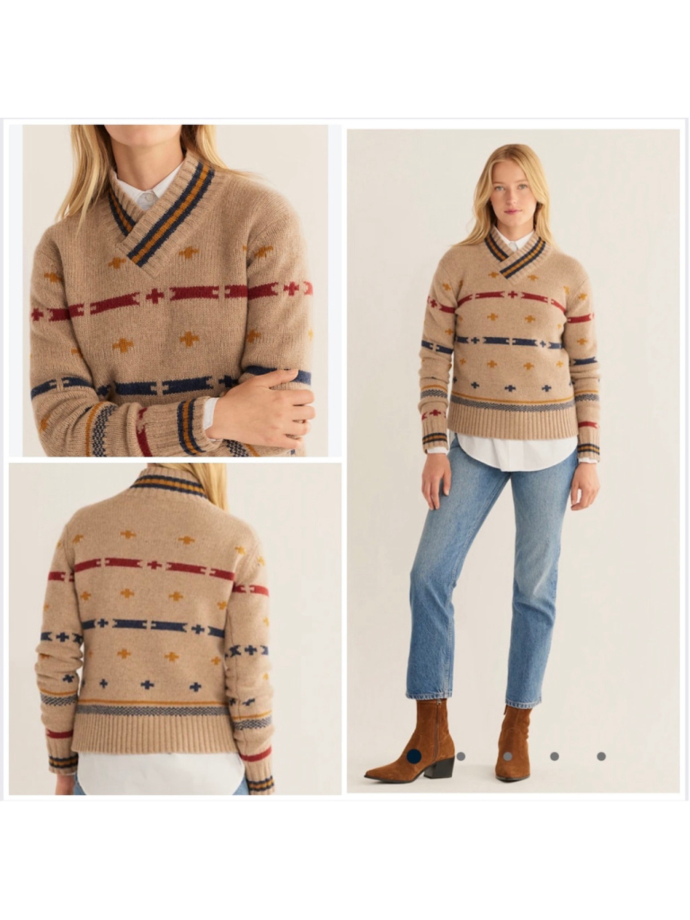 Pendleton Hallie Merino Wool V-Neck Sweater XXS Beige Blue